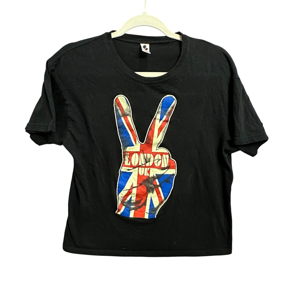 VTG London UK Union Jack Peace Sign T-Shirt S Black Graphic Tee British Rock